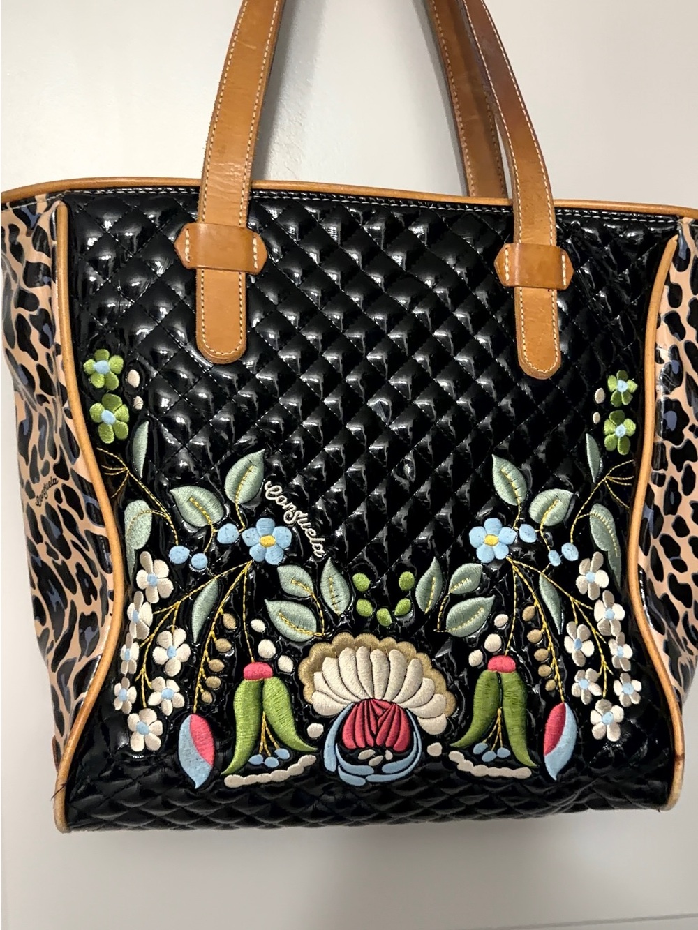 Consuela Black Quilted Floral Embroidered Tote with Tan Handles 14 inches tall